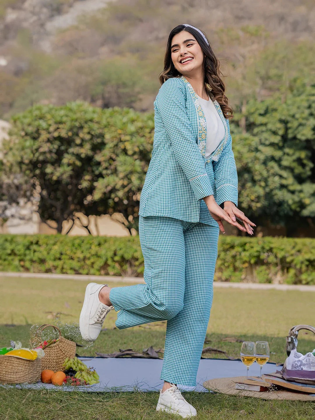Yufta Sea Green Printed Cotton Checks Co Ord Set With Embroidery