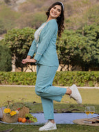 Yufta Sea Green Printed Cotton Checks Co Ord Set With Embroidery