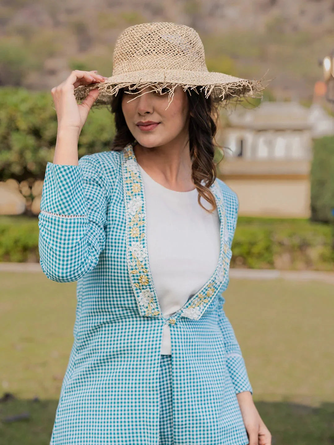 Yufta Sea Green Printed Cotton Checks Co Ord Set With Embroidery