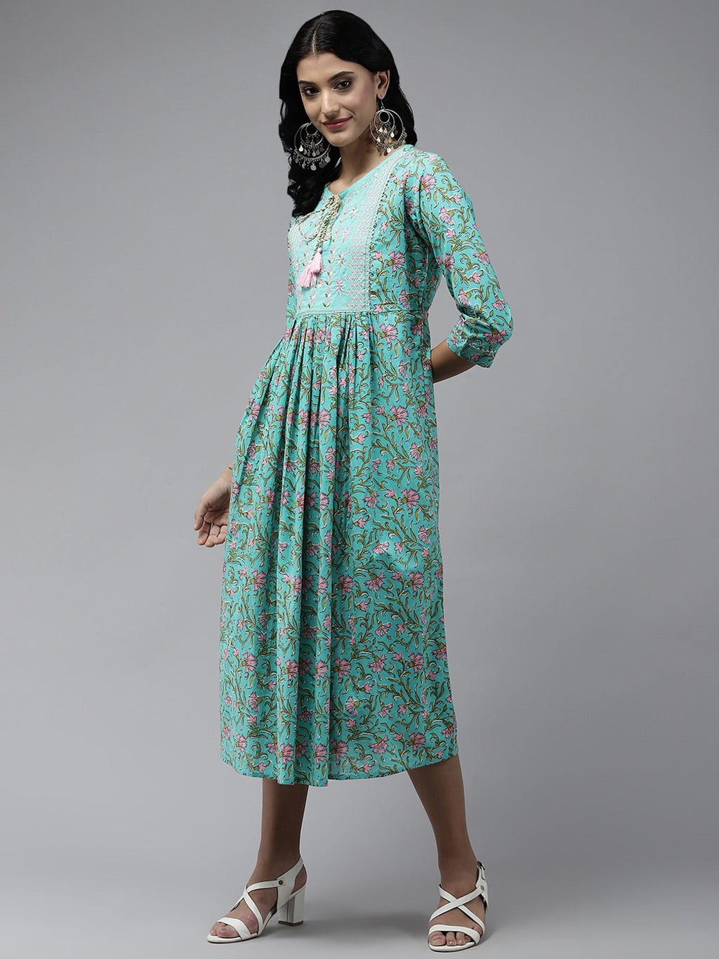 Yufta Sea Green Embroidered Midi Dress - Distacart