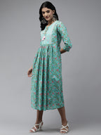 Yufta Sea Green Embroidered Midi Dress - Distacart