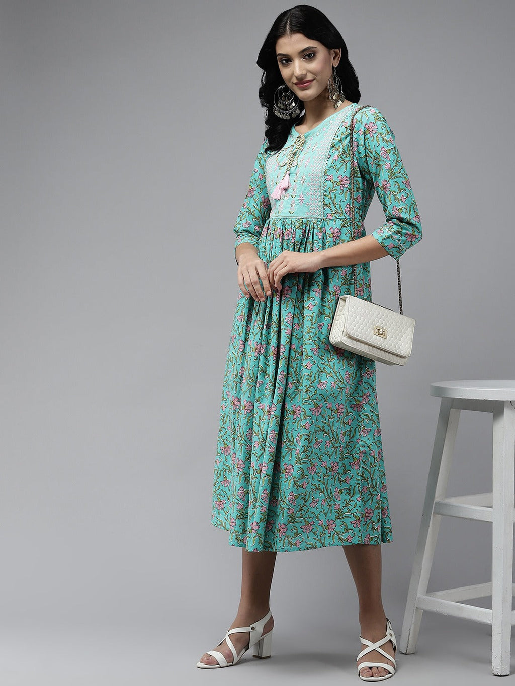 Yufta Sea Green Embroidered Midi Dress - Distacart