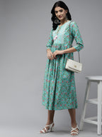 Yufta Sea Green Embroidered Midi Dress - Distacart