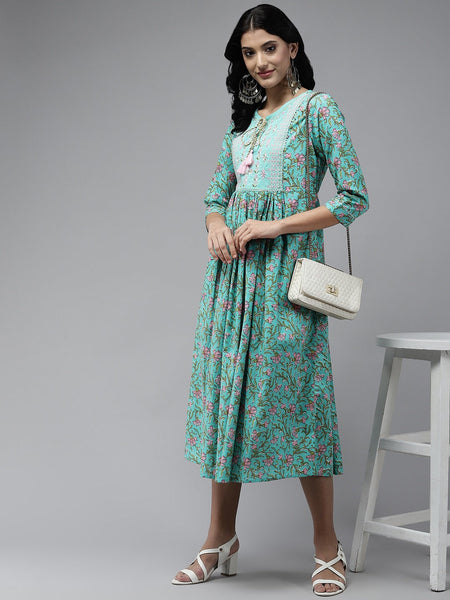 Yufta Sea Green Embroidered Midi Dress