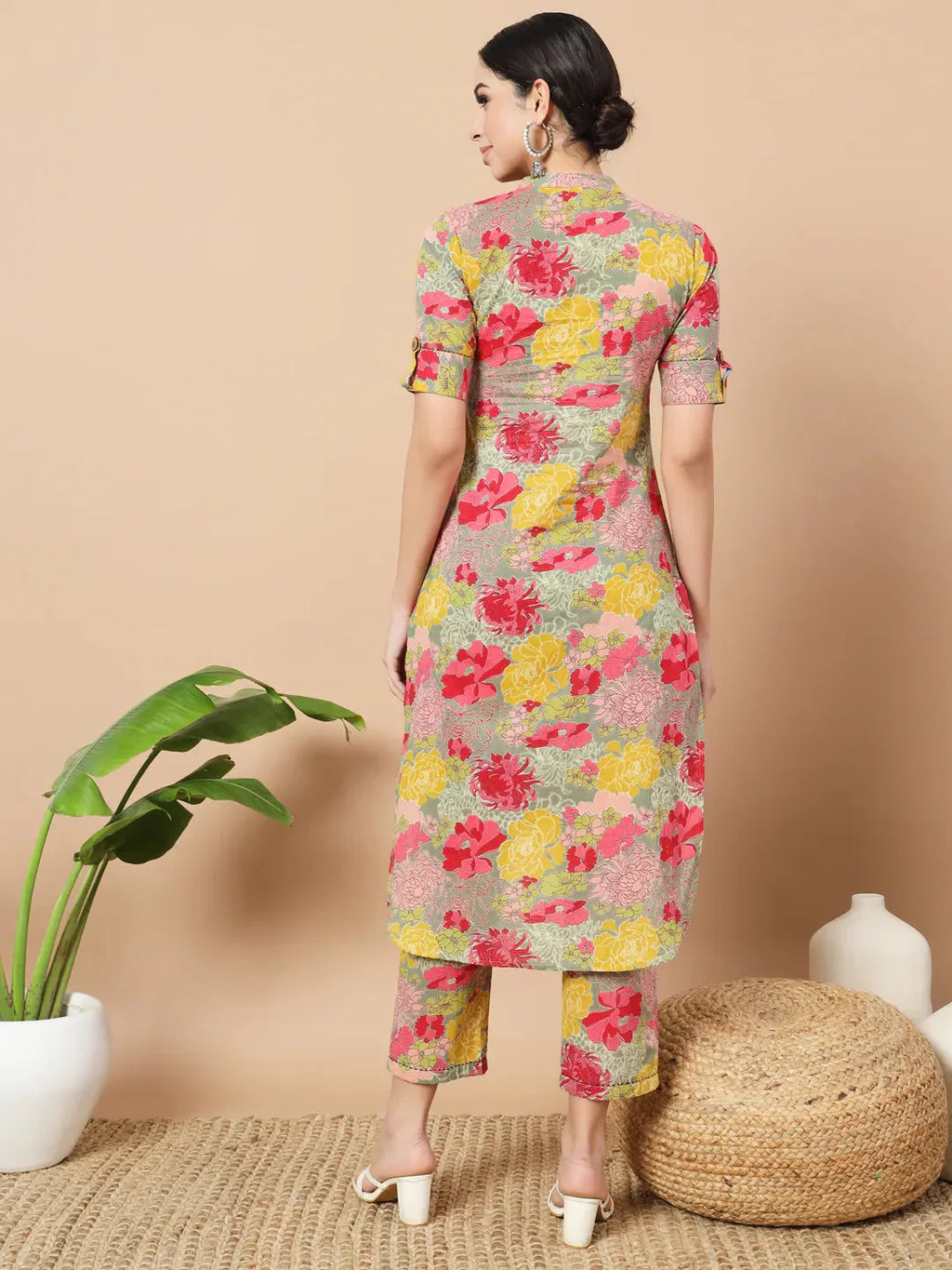 Yufta Sea Green Floral Printed Cotton Yoke Co-Ord Set