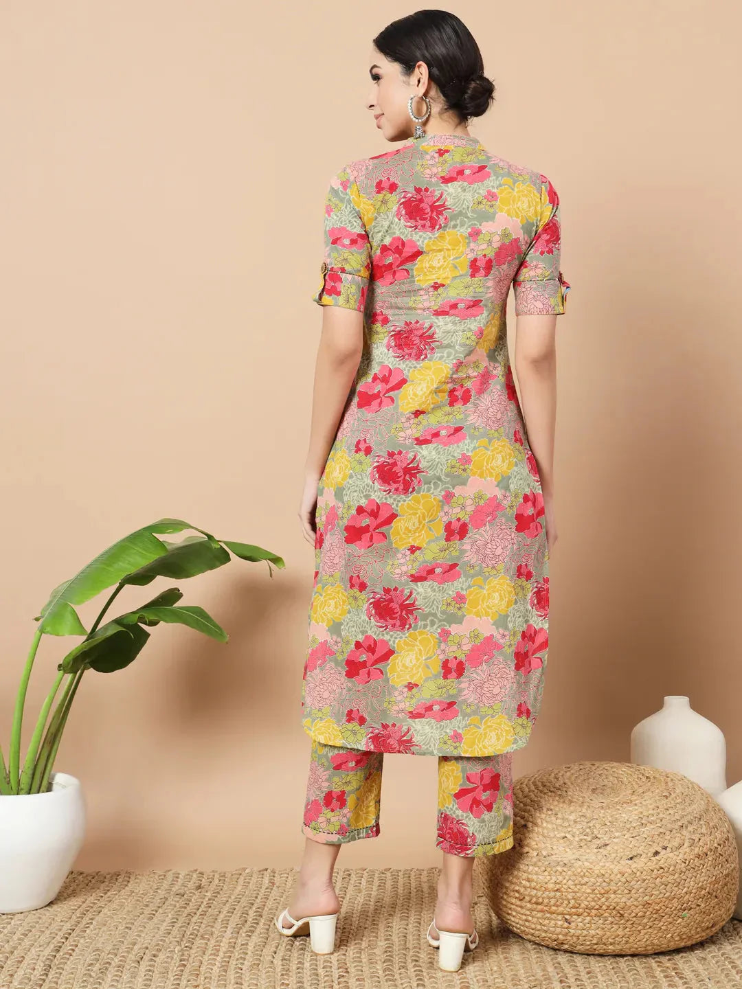 Yufta Sea Green Floral Printed Cotton Yoke Co-Ord Set