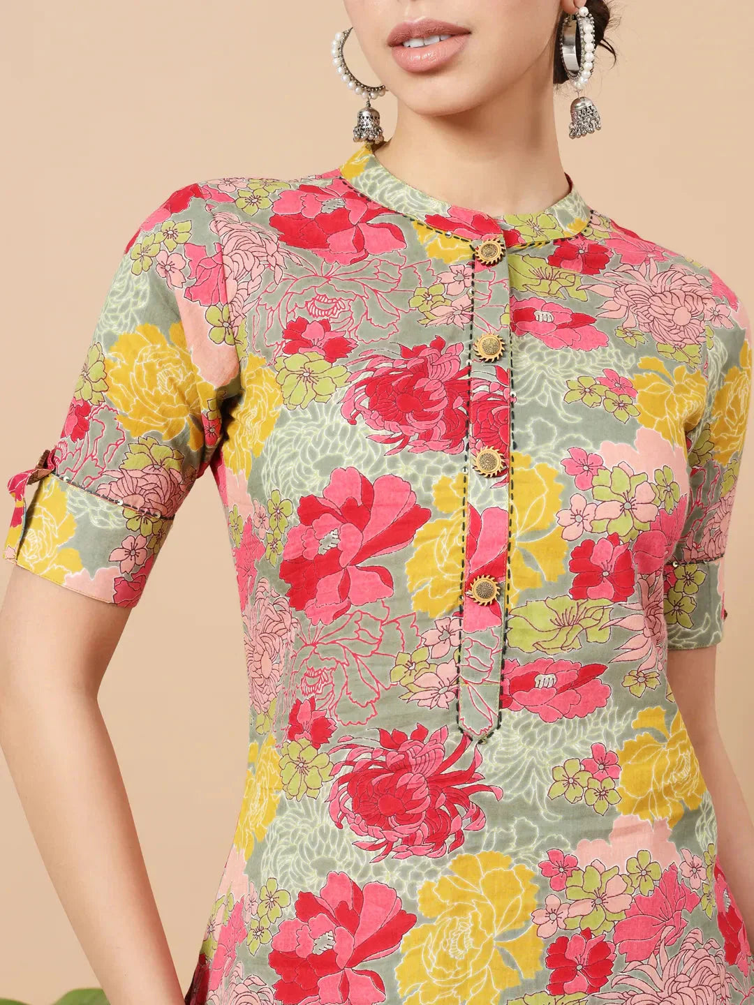 Yufta Sea Green Floral Printed Cotton Yoke Co-Ord Set