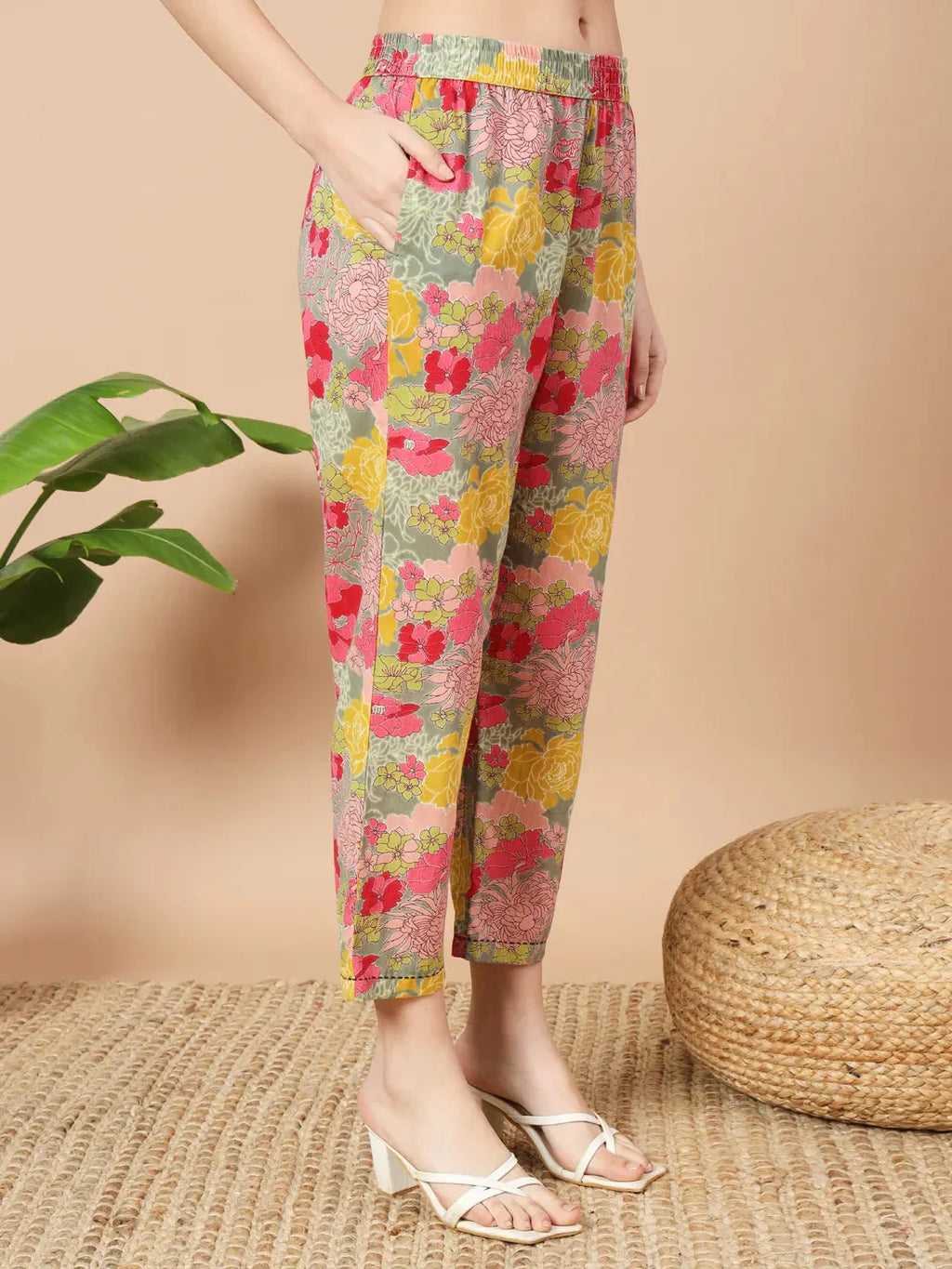 Yufta Sea Green Floral Printed Cotton Yoke Co-Ord Set