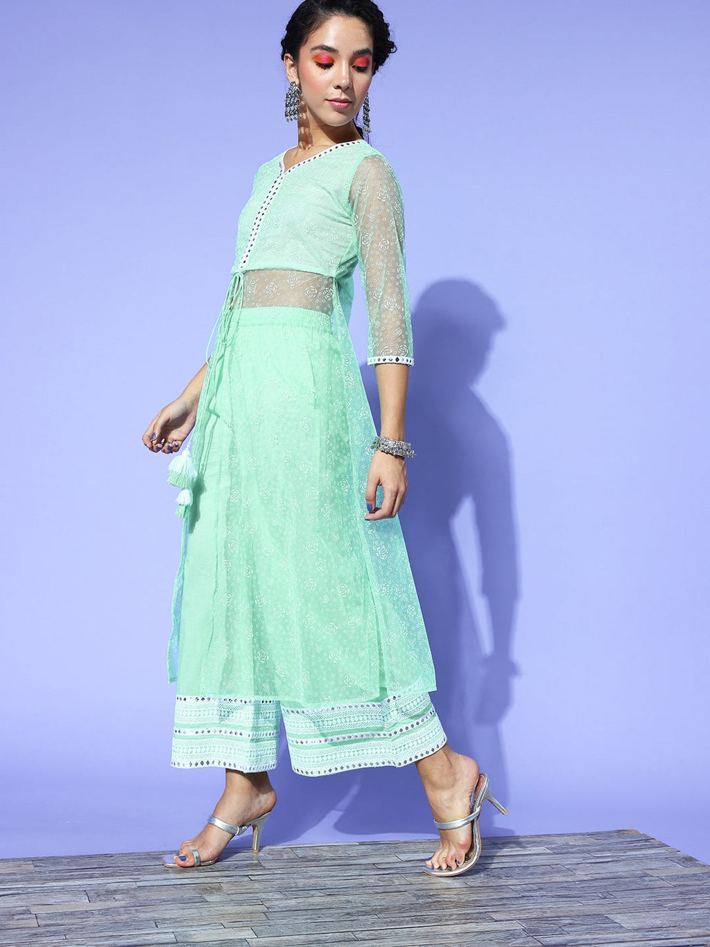 Yufta Sea Green Printed Top with Trousers