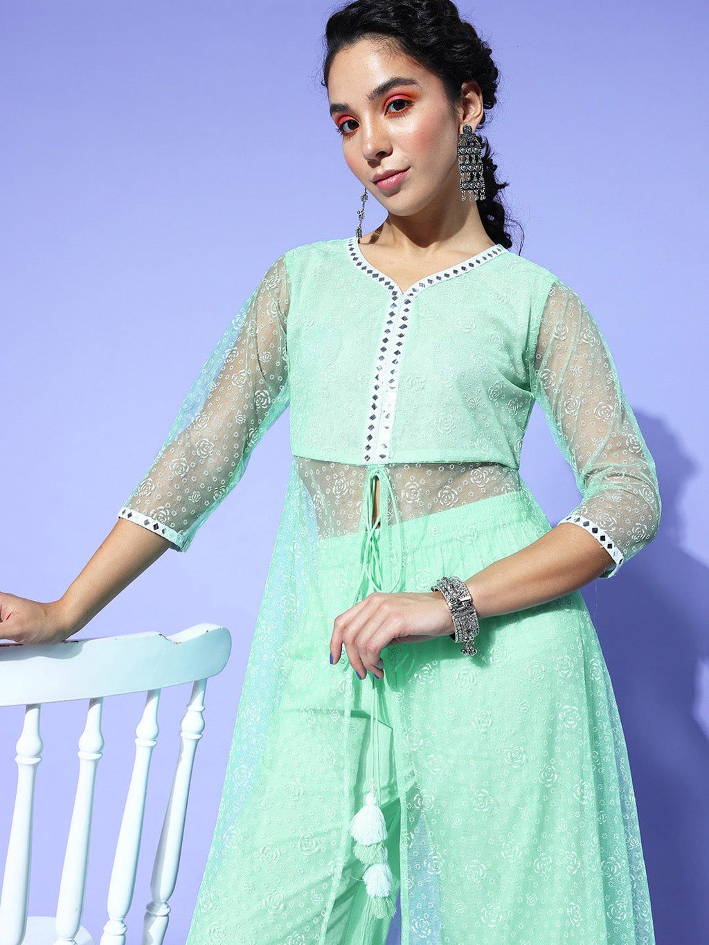 Yufta Sea Green Printed Top with Trousers