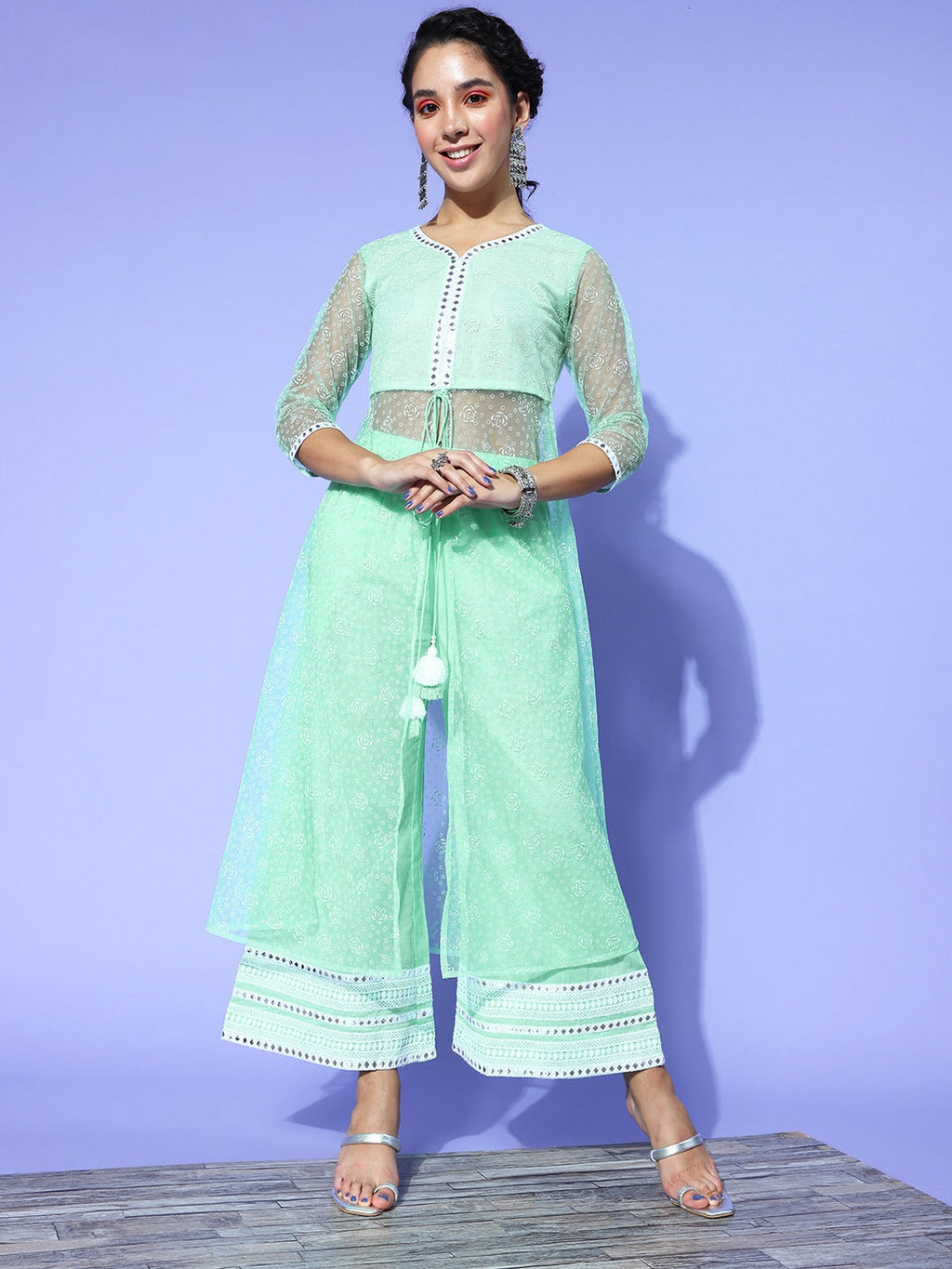 Yufta Sea Green Printed Top with Trousers