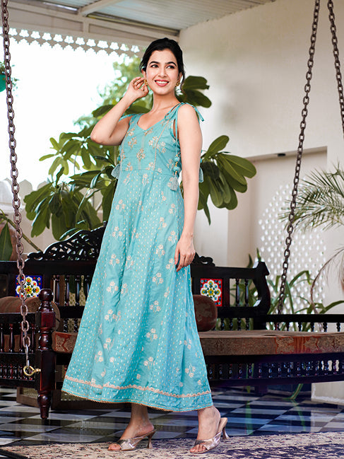 Yufta Sea Green Strappy Anarkali Dress