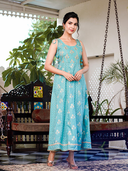 Yufta Sea Green Strappy Anarkali Dress