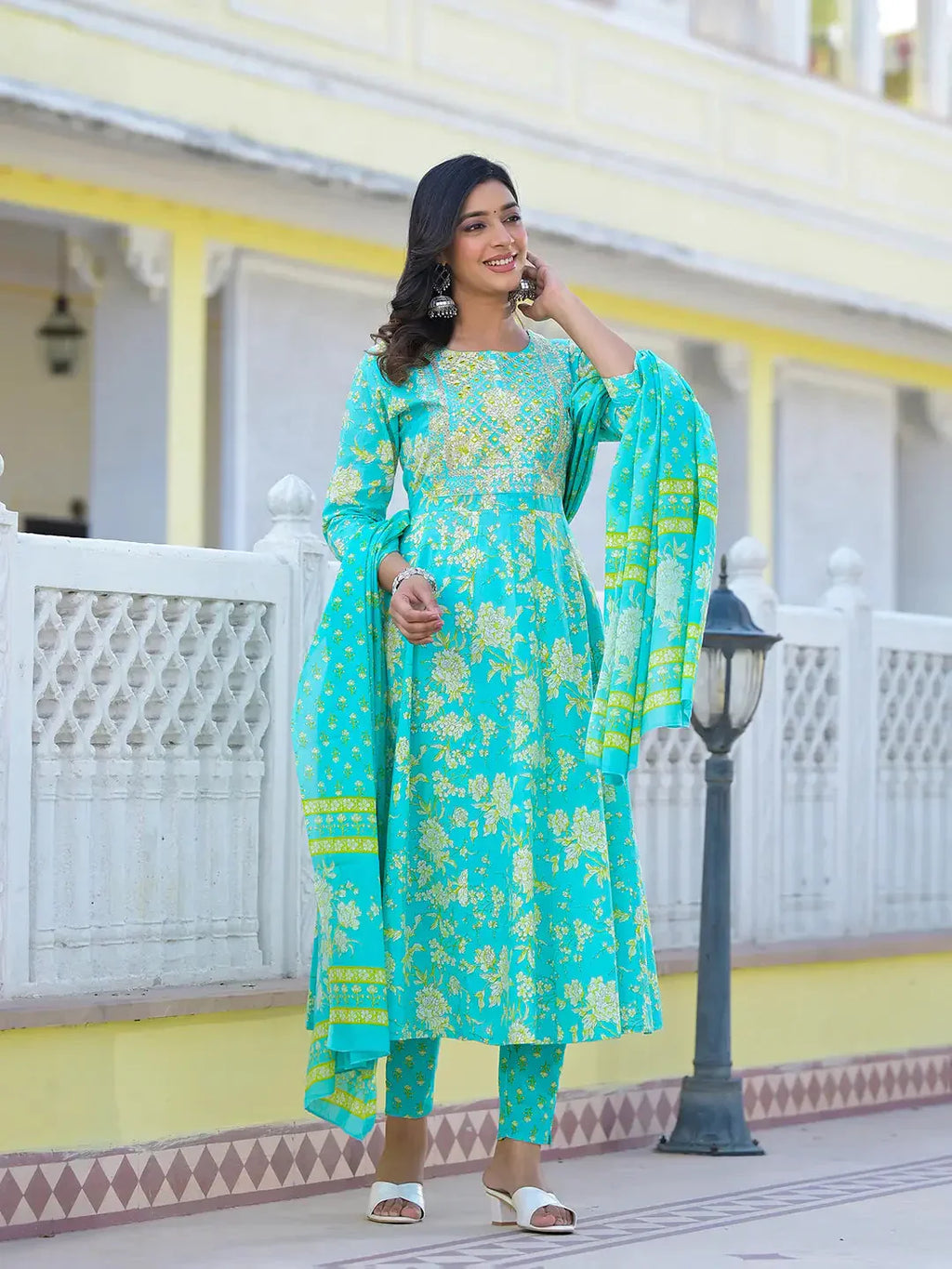 Yufta Sea Green Zari_Work Anarkali Pant Dupatta Set
