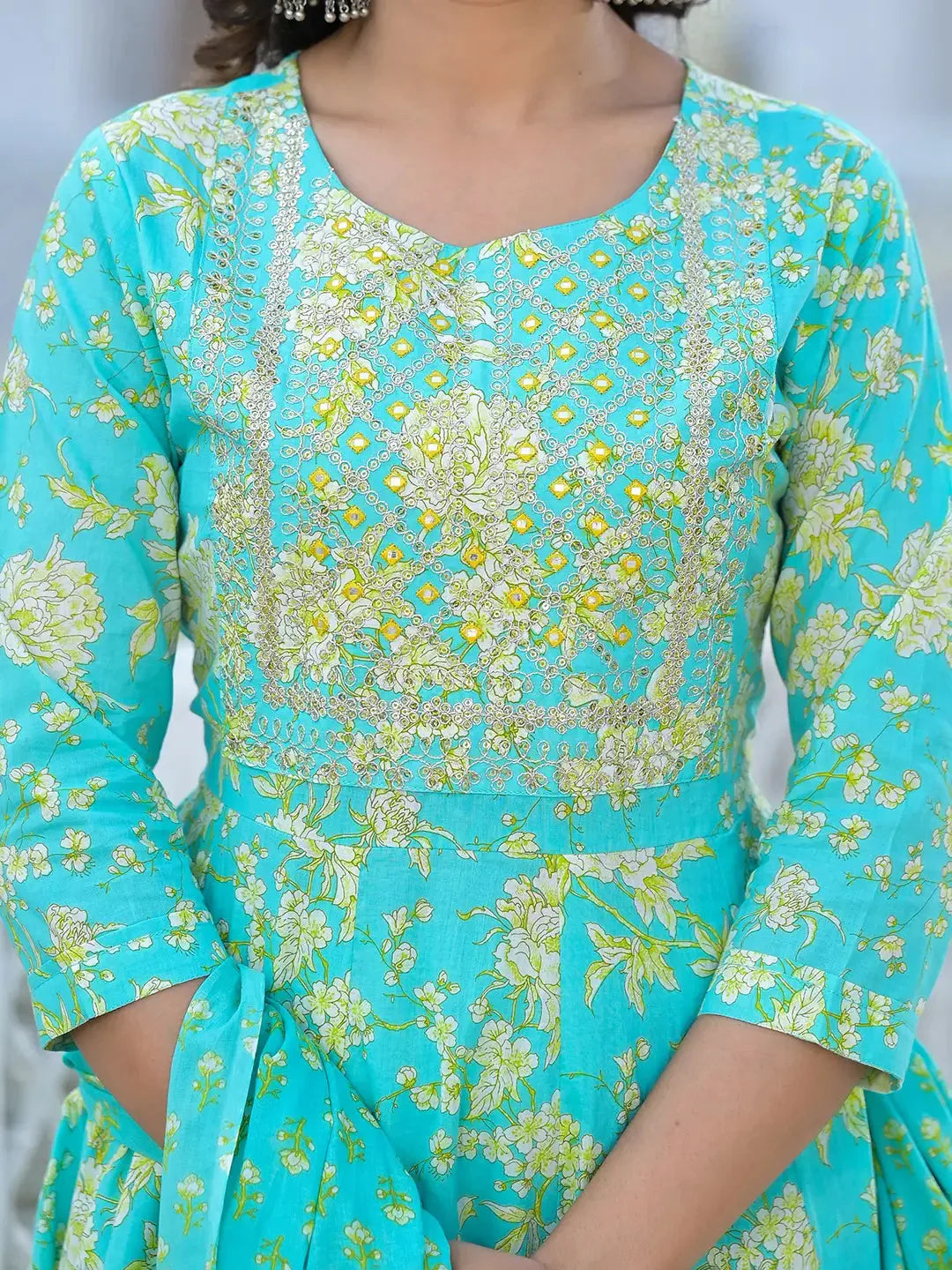 Yufta Sea Green Zari_Work Anarkali Pant Dupatta Set