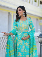 Yufta Sea Green Zari_Work Anarkali Pant Dupatta Set