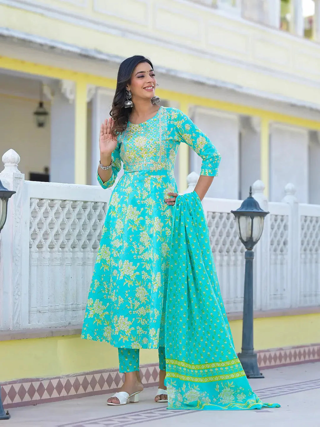 Yufta Sea Green Zari_Work Anarkali Pant Dupatta Set