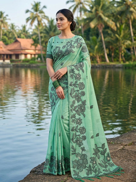 Anaita Turquoise Linen Printed Saree With Blouse