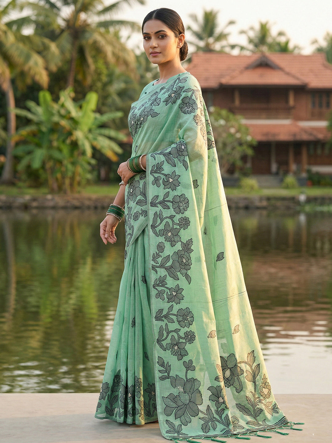 Anaita Turquoise Linen Printed Saree With Blouse - Distacart