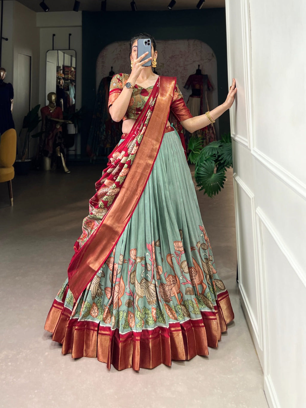 Lorenvalley Seagreen Dola Silk and Jacquard Silk Printed (Kalamkari) With Zari Weaving Border Lehenga Choli