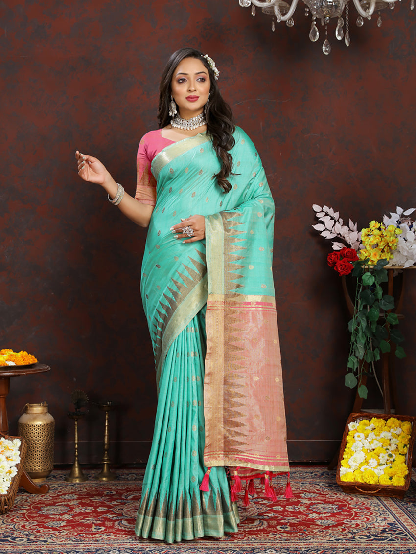 Lorenvalley Fashion Seagreen Soft Katan Silk Woven Design Zari Weaving Pallu Saree