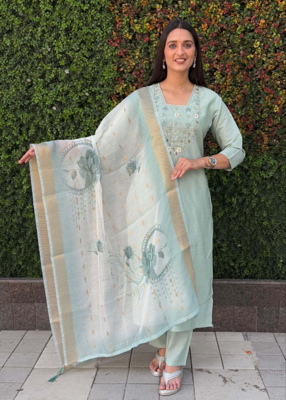 Lorenvalley Fashion Seagreen Roman Silk Hand Work Kurta Pant with Dupatta - Distacart