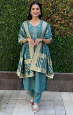 Lorenvalley Fashion Seagreen Roman Silk Hand Work Kurta Pant with Dupatta - Distacart
