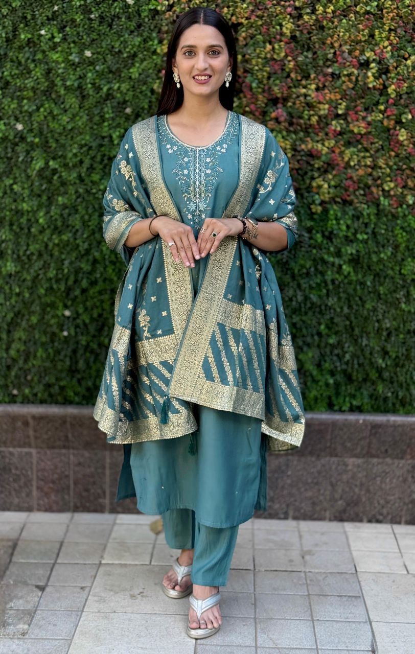 Lorenvalley Fashion Seagreen Roman Silk Hand Work Kurta Pant with Dupatta - Distacart