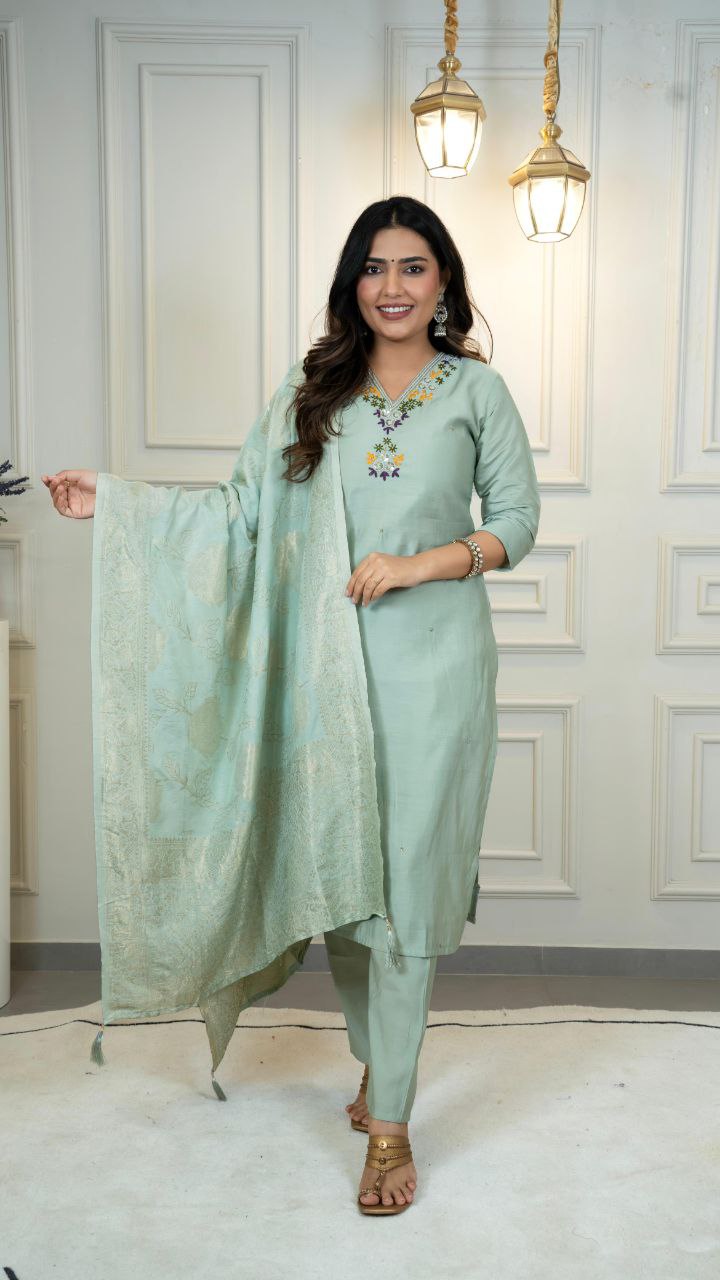 Lorenvalley Fashion Seagreen Roman Silk Hand Work Kurta Pant with Dupatta - Distacart