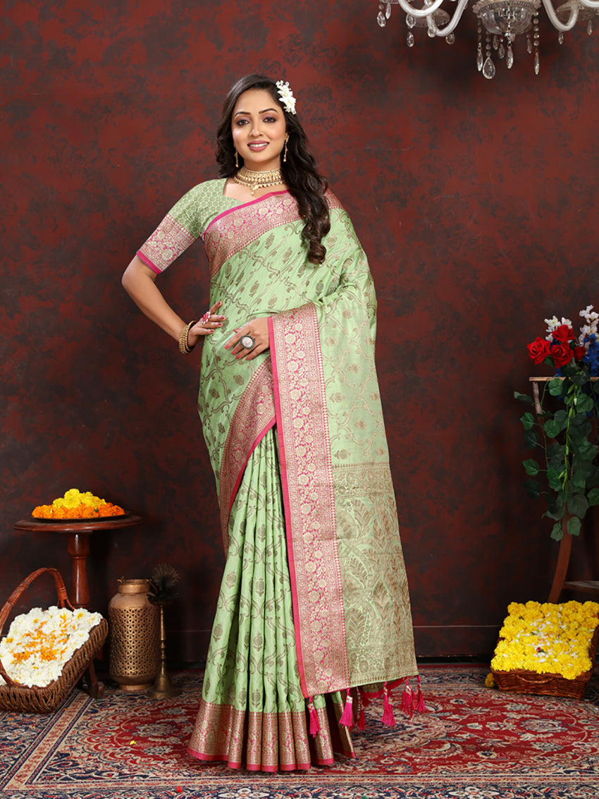 Lorenvalley Fashion Seagreen Soft Katan Silk Woven Design Rich Zari Weaving Pallu Saree