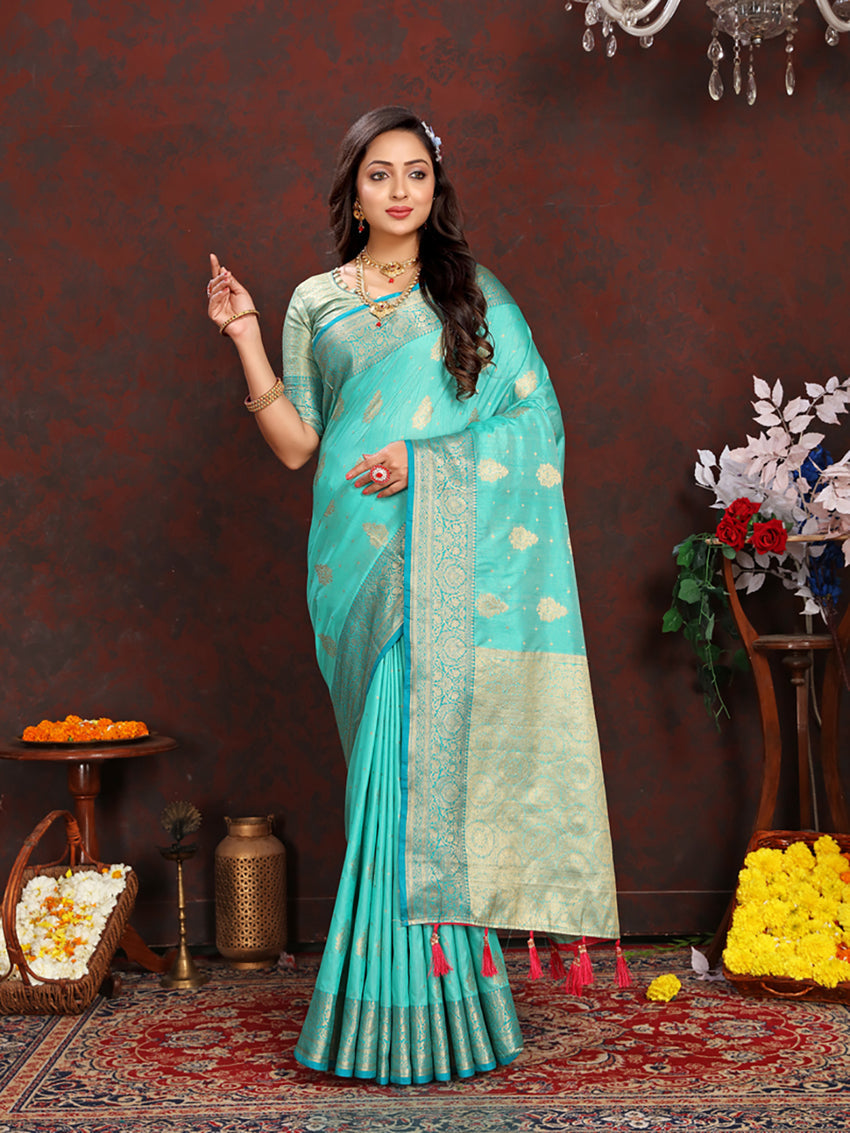 Lorenvalley Fashion Seagreen Soft Katan Silk Woven Design Zari Weaving Pallu Saree