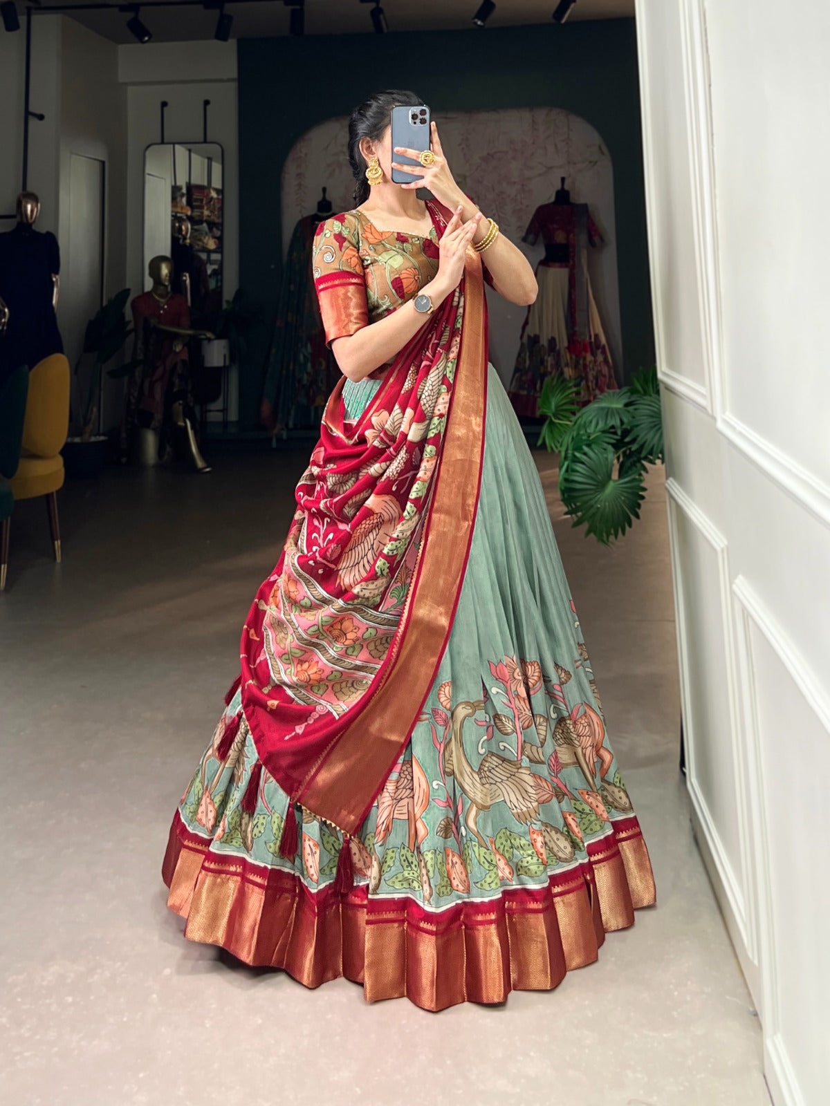 Lorenvalley Seagreen Dola Silk and Jacquard Silk Printed (Kalamkari) With Zari Weaving Border Lehenga Choli