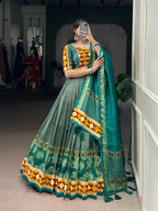 Lorenvalley Fashion Seagreen Tasar Silk Print with Foil Work and Real Mirror Gamthi Work with Lace Touch Up Lehenga Choli with Dupatta