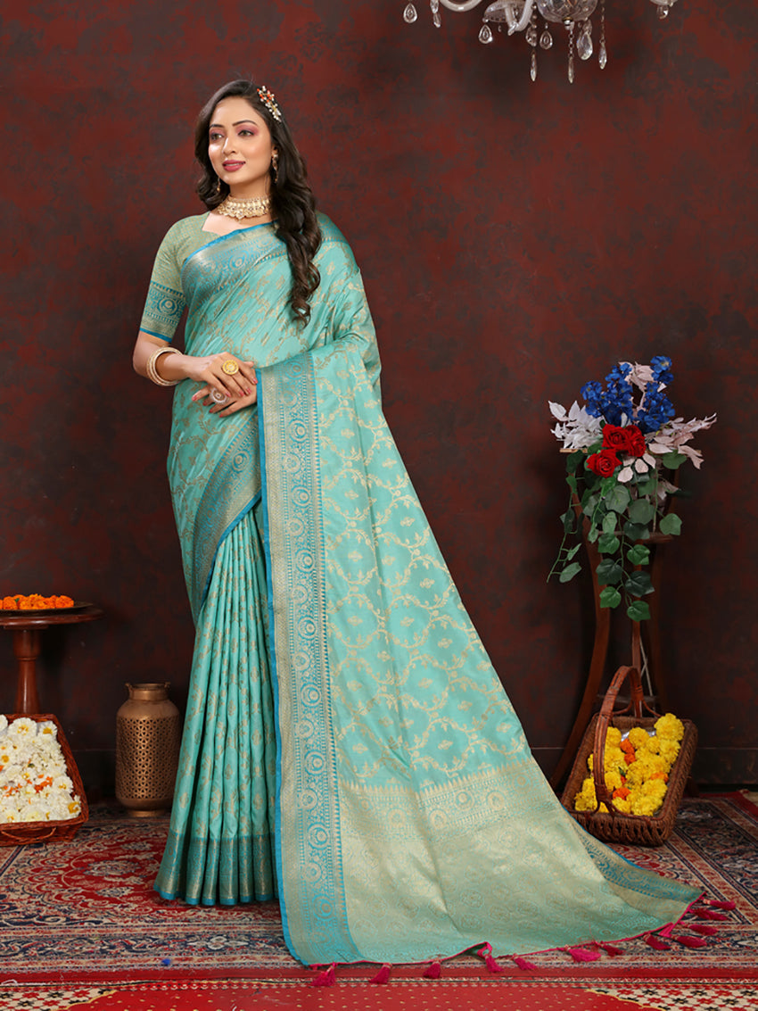 Lorenvalley Fashion Seagreen Soft Katan Silk Woven Design Zari Weaving Pallu Saree