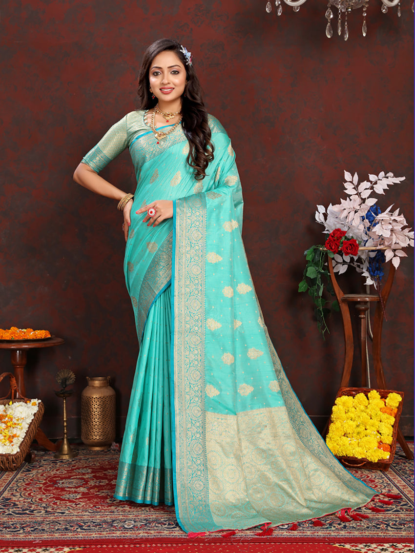 Lorenvalley Fashion Seagreen Soft Katan Silk Woven Design Zari Weaving Pallu Saree