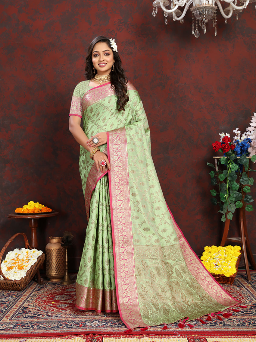 Lorenvalley Fashion Seagreen Soft Katan Silk Woven Design Rich Zari Weaving Pallu Saree