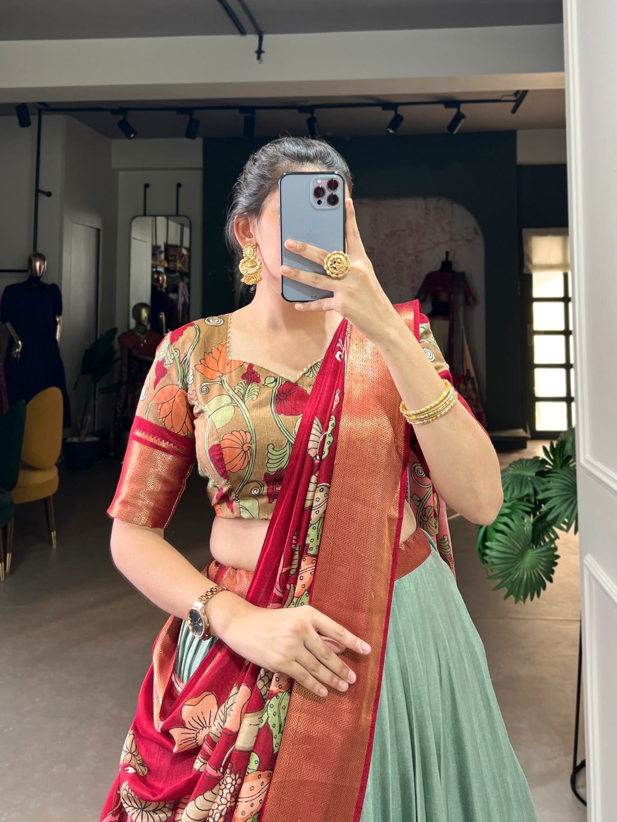 Lorenvalley Seagreen Dola Silk and Jacquard Silk Printed (Kalamkari) With Zari Weaving Border Lehenga Choli