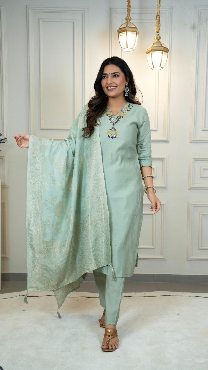Lorenvalley Fashion Seagreen Roman Silk Hand Work Kurta Pant with Dupatta - Distacart
