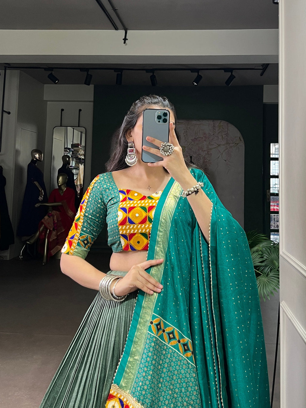 Lorenvalley Fashion Seagreen Tasar Silk Print with Foil Work and Real Mirror Gamthi Work with Lace Touch Up Lehenga Choli with Dupatta