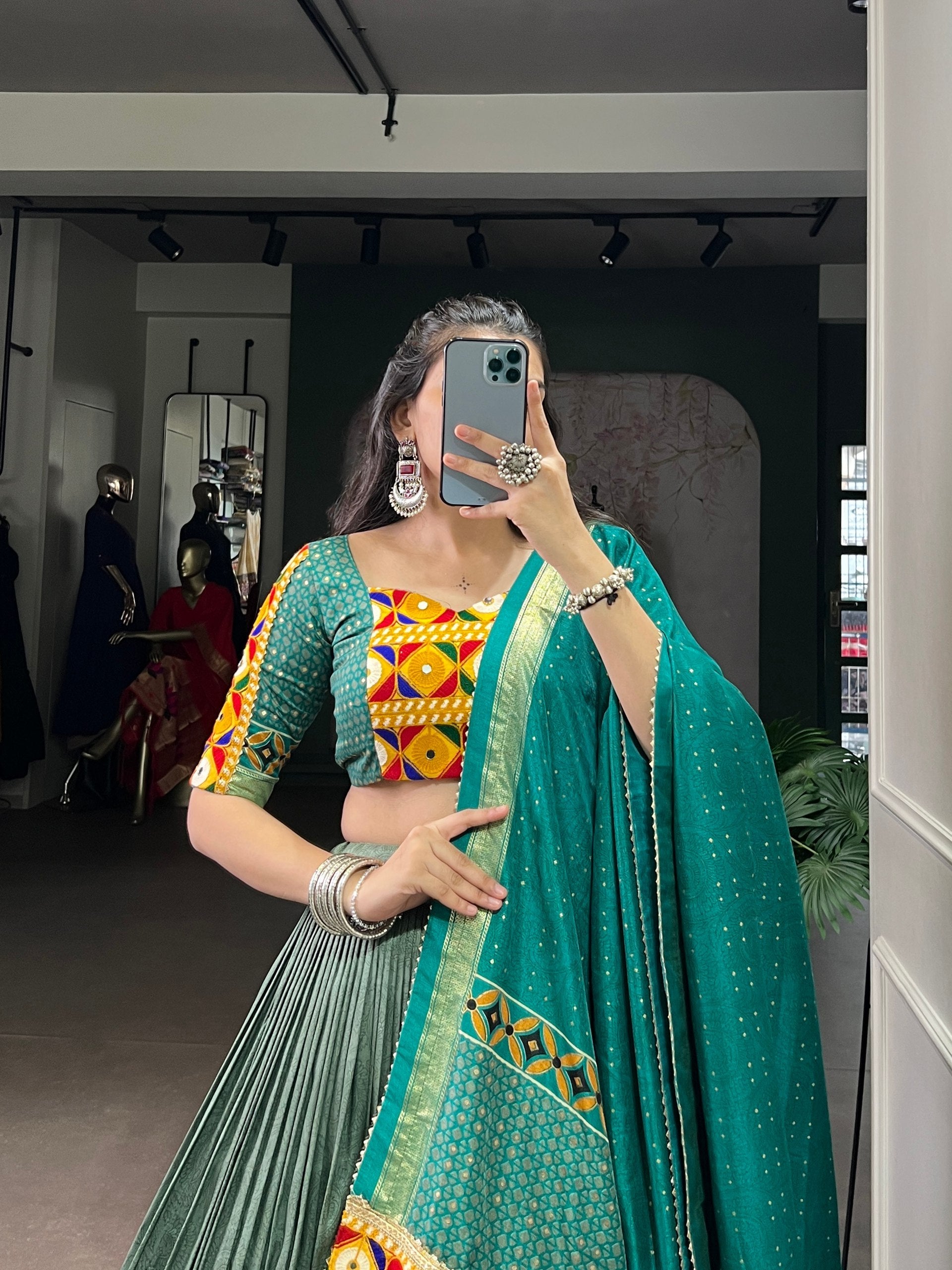 Lorenvalley Fashion Seagreen Tasar Silk Print with Foil Work and Real Mirror Gamthi Work with Lace Touch Up Lehenga Choli with Dupatta