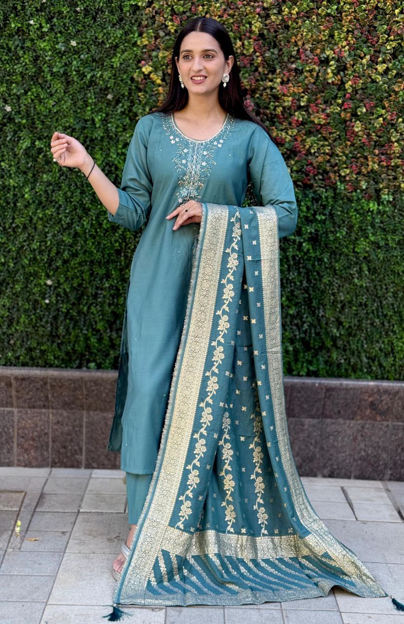 Lorenvalley Fashion Seagreen Roman Silk Hand Work Kurta Pant with Dupatta - Distacart