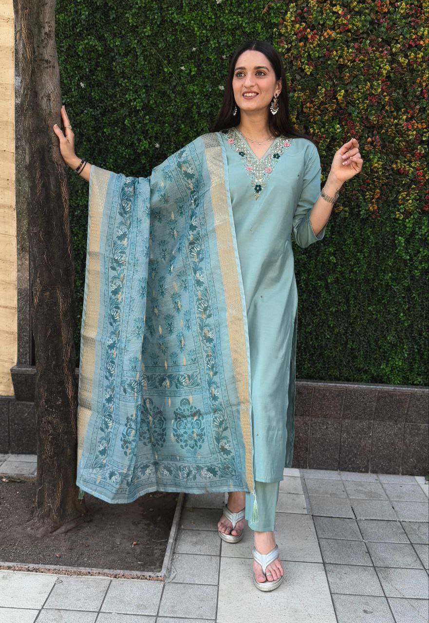 Lorenvalley Fashion Seagreen Roman Silk Hand Work Kurta Pant with Dupatta - Distacart
