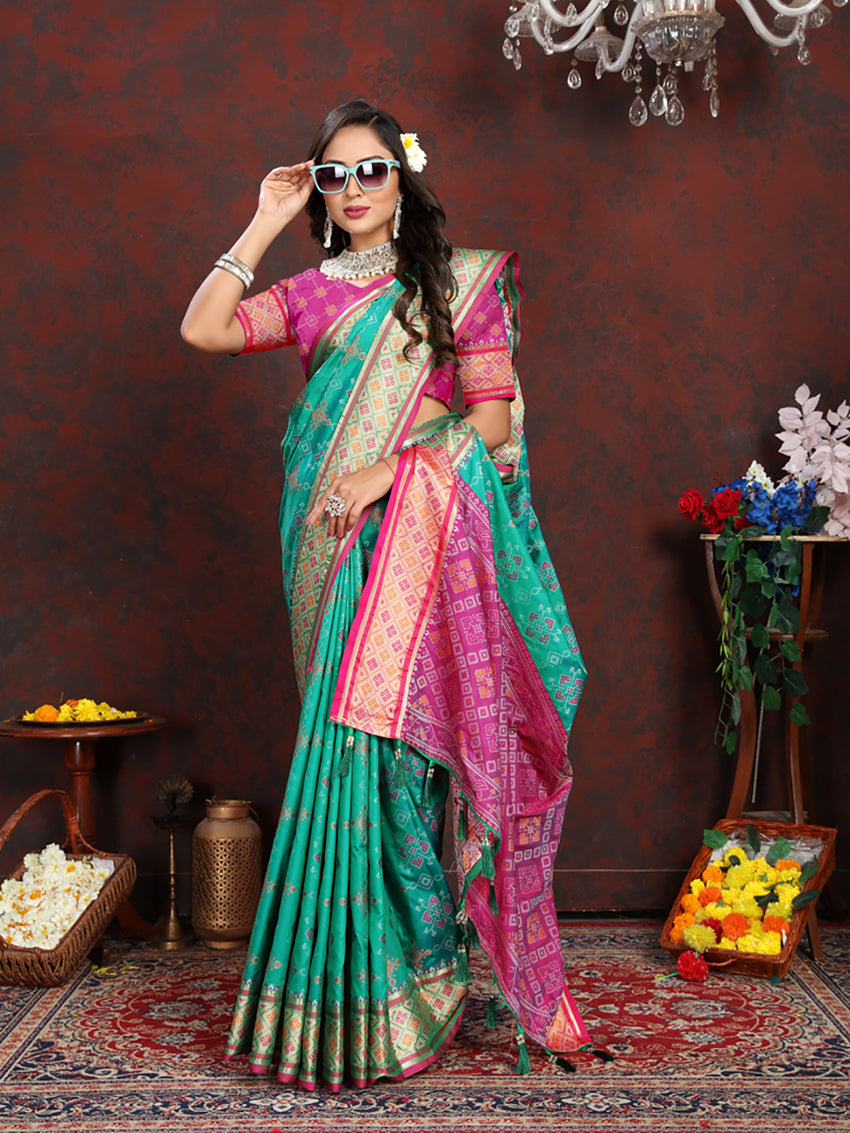 Lorenvalley Fashion Seagreen Patola Silk Woven Design with Zari Meenakari Weaving motifs Pallu Saree