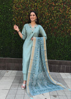 Lorenvalley Fashion Seagreen Roman Silk Hand Work Kurta Pant with Dupatta - Distacart