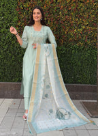 Lorenvalley Fashion Seagreen Roman Silk Hand Work Kurta Pant with Dupatta - Distacart