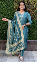 Lorenvalley Fashion Seagreen Roman Silk Hand Work Kurta Pant with Dupatta - Distacart
