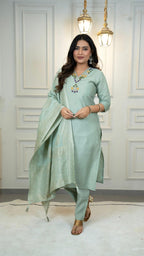 Lorenvalley Fashion Seagreen Roman Silk Hand Work Kurta Pant with Dupatta - Distacart