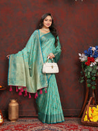 Lorenvalley Fashion Seagreen Soft Katan Silk Woven Design Zari Weaving Pallu Saree