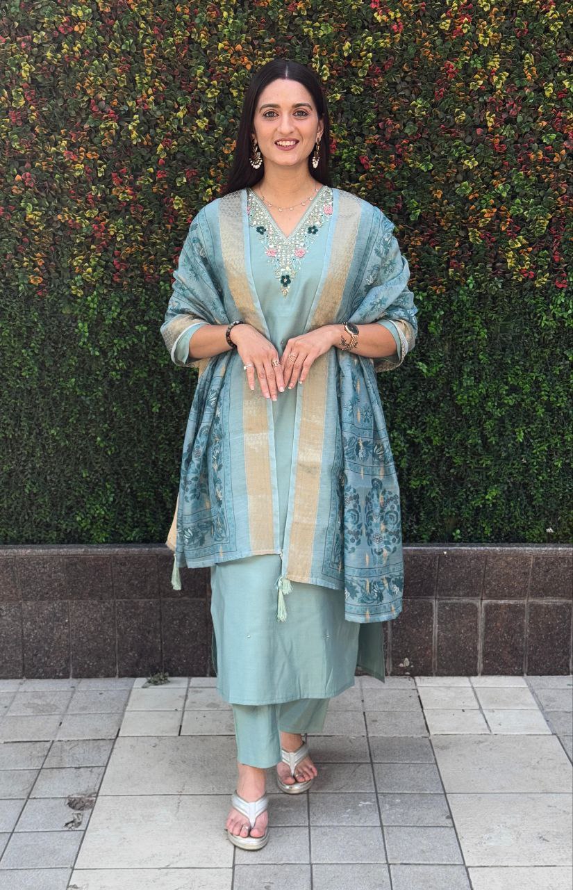 Lorenvalley Fashion Seagreen Roman Silk Hand Work Kurta Pant with Dupatta - Distacart