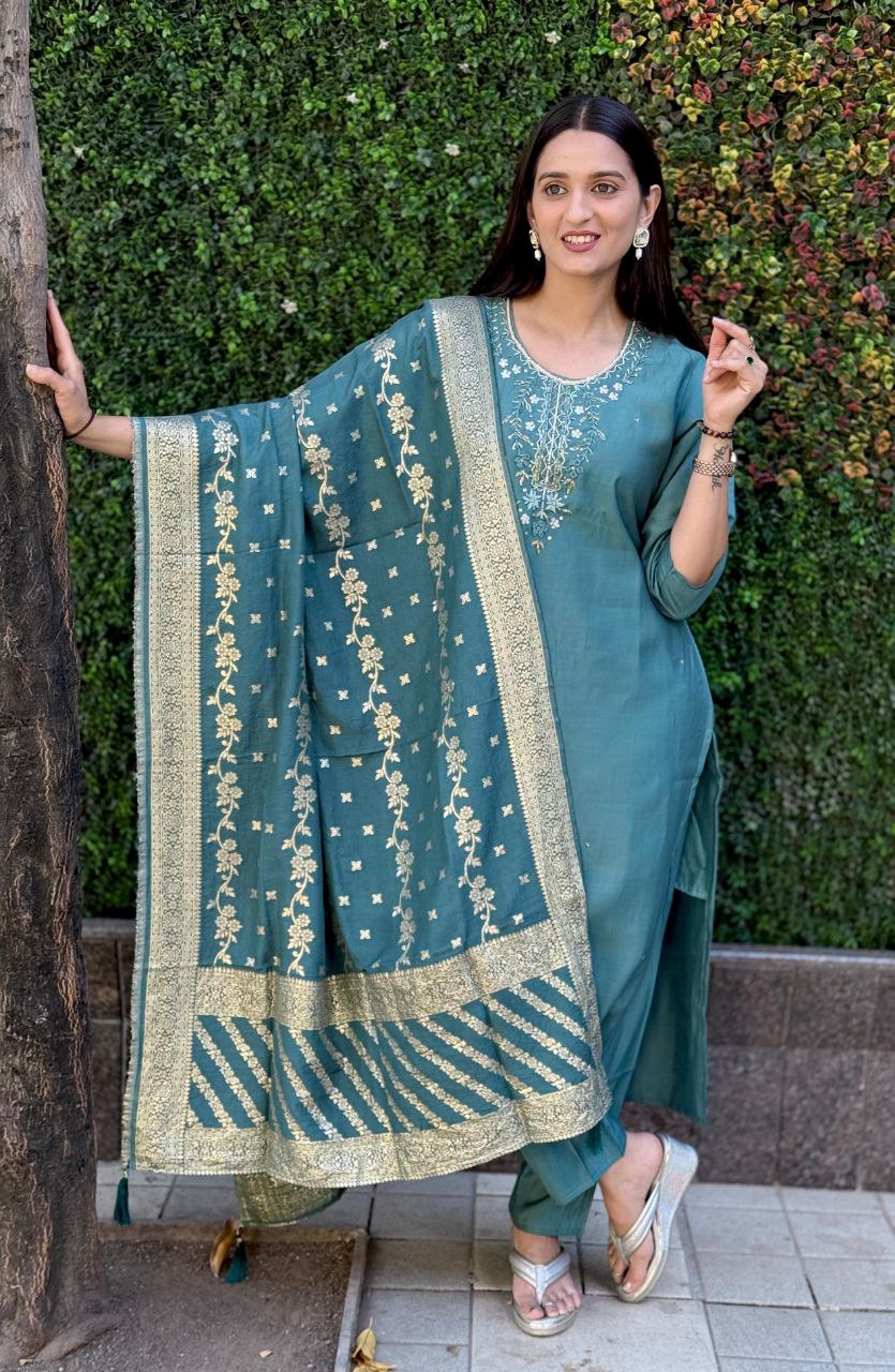 Lorenvalley Fashion Seagreen Roman Silk Hand Work Kurta Pant with Dupatta - Distacart
